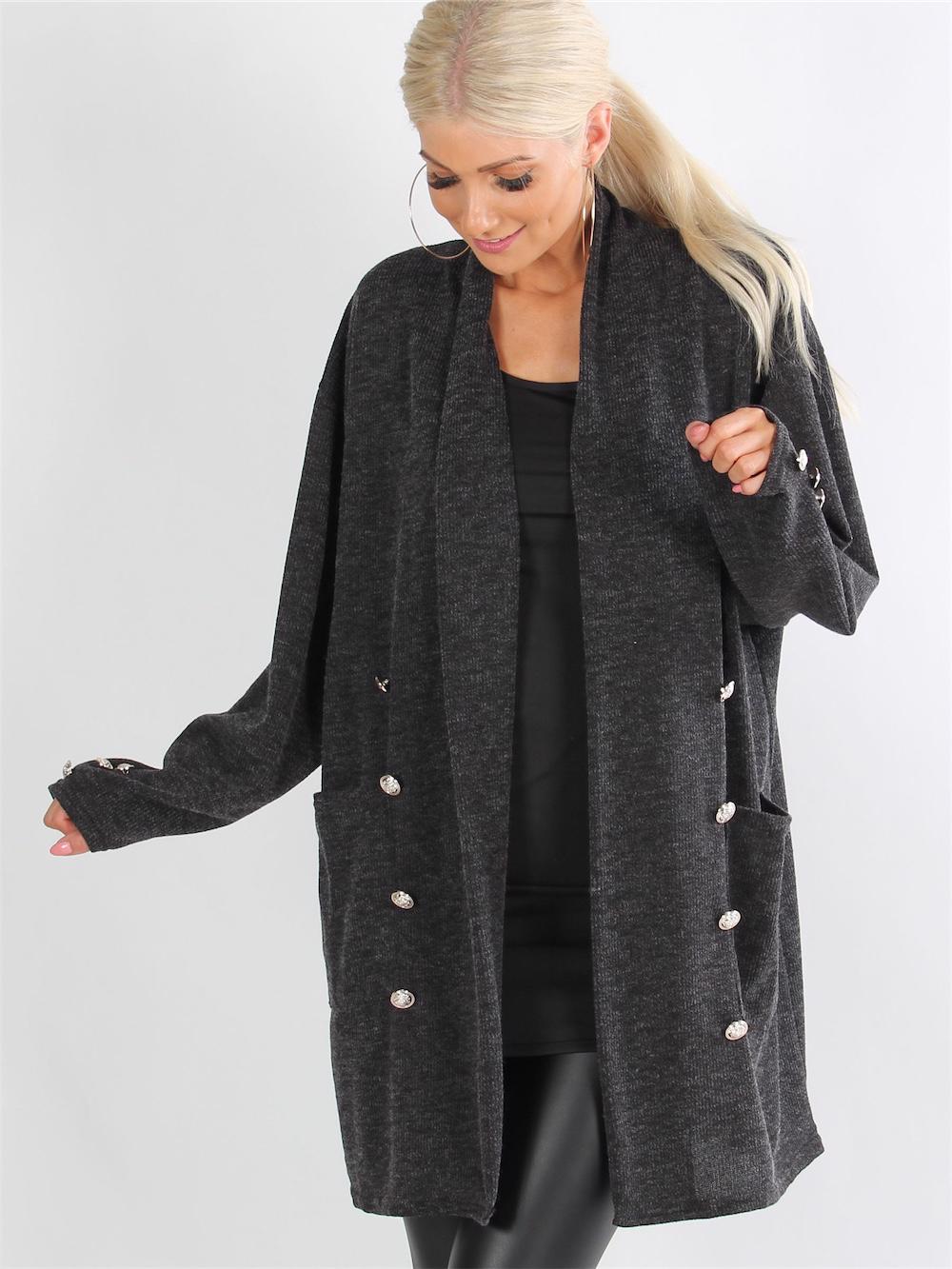 Yrsia - Armygrøn strikcardigan med guld knapper og lommer